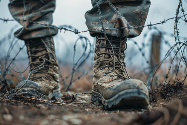 Vue rapprochée des bottes de soldat avec du fil de fer barbelé Militaire et de guerre