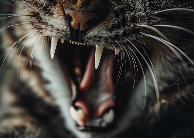 Photo vue rapprochée d'une bouche de chat grande ouverte montrant des dents et une langue
