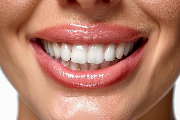 Vue rapprochée de la bouche d'une femme heureuse avec des dents saines générées par l'IA