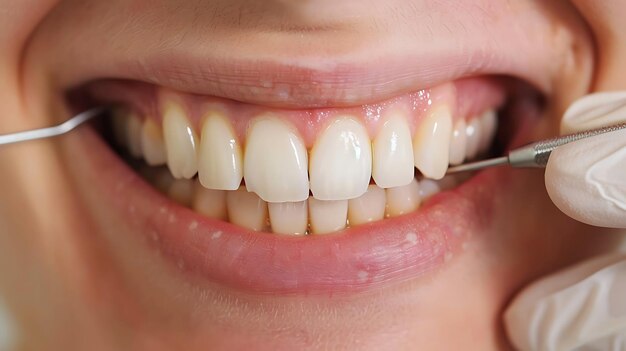 Vue rapprochée d'une bouche souriante avec des dents en bonne santé Les dents sont examinées par un dentiste avec une sonde dentaire