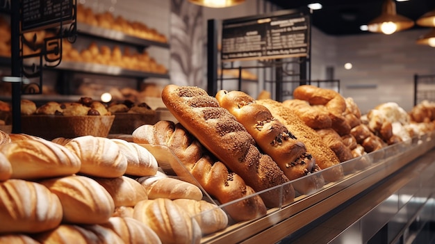 Vue rapprochée d'une boulangerie fraîchement cuite dans un hypermarché Boulangerie de baguettes fraîches