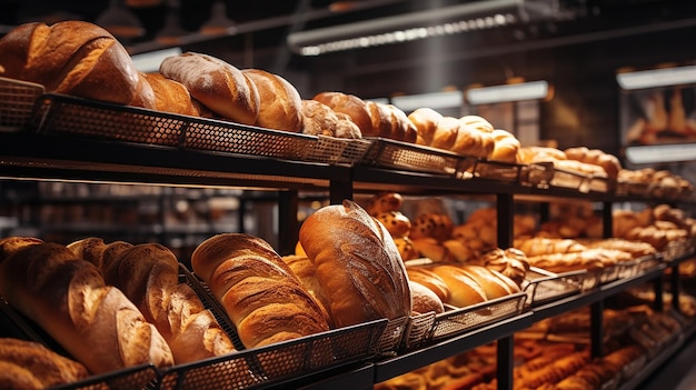 Vue rapprochée d'une boulangerie fraîchement cuite dans un hypermarché Illustration de pain frais