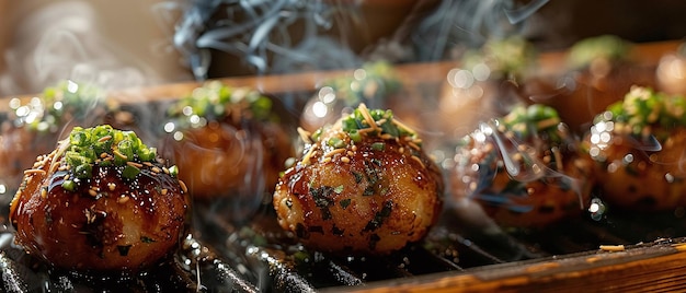 Vue rapprochée des boules de takoyaki fumantes du Japon garnies de flocons de bonito