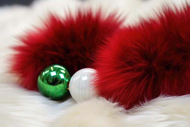 Vue rapprochée de boules de verre rouges et vertes sur de la fausse fourrure blanche