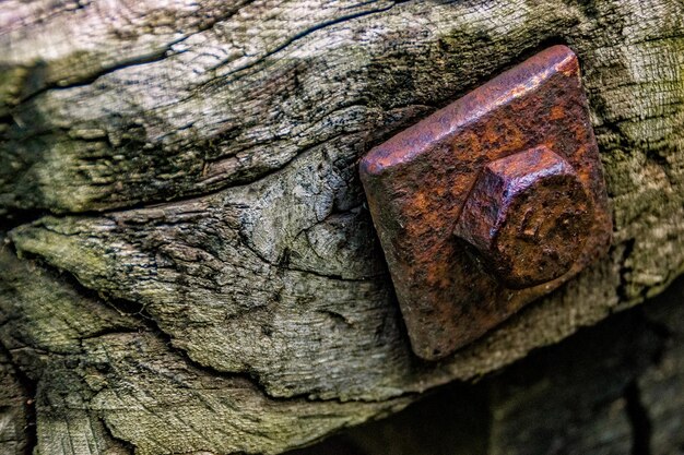 Photo vue rapprochée d'un boulon rouillé sur du bois