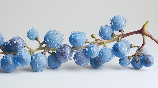 Vue rapprochée d'un bouquet de raisins bleus avec des gouttes d'eau sur un fond blanc