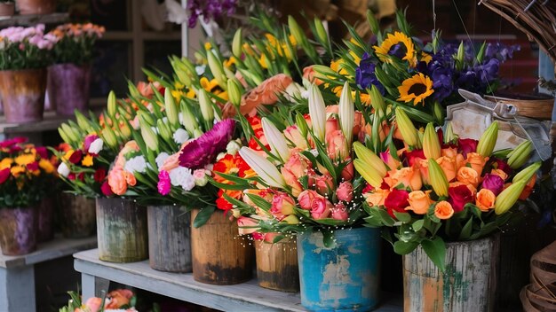 Vue rapprochée de bouquets de fleurs colorées dans des récipients dans un magasin en plein air