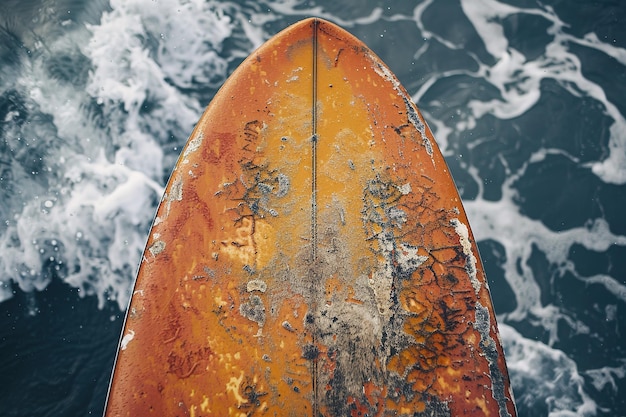 Photo vue rapprochée d'un bout de planche de surf sur l'eau de l'océan agitée
