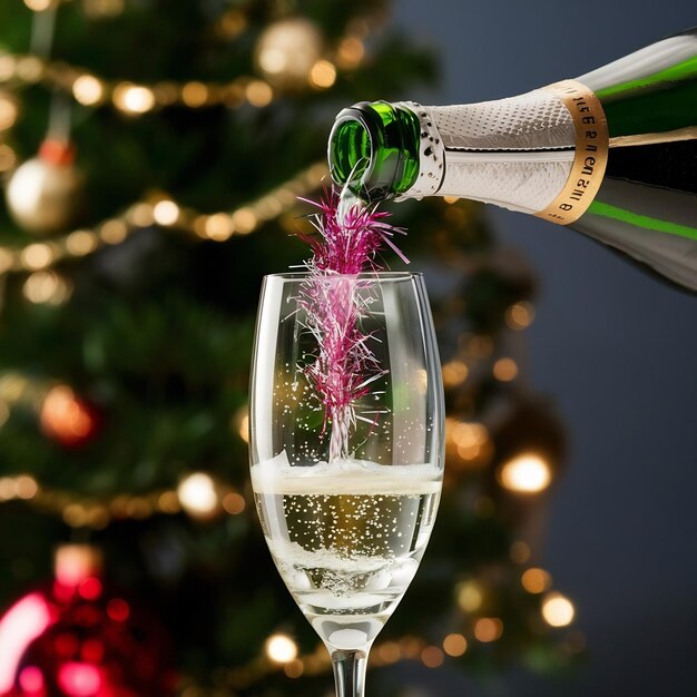 Photo vue rapprochée d'une bouteille de champagne versant des parfums dans le verre