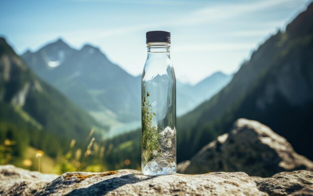 Vue rapprochée d'une bouteille d'eau hydratante sur un rocher surplombant les montagnes