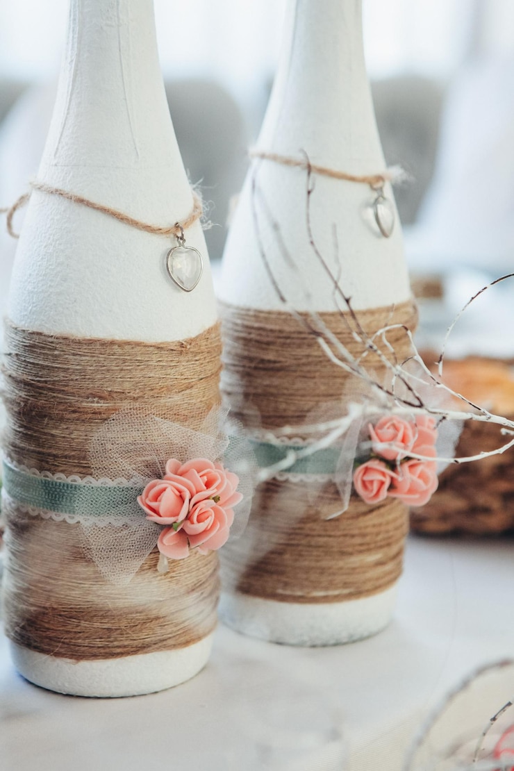 Photo vue rapprochée des bouteilles décorées sur la table