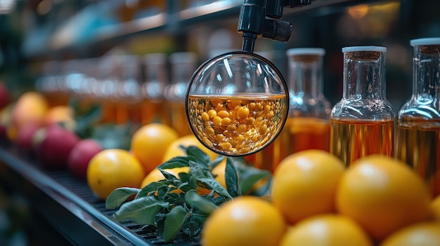 Vue rapprochée de bouteilles de verre remplies de liquide et de fruits
