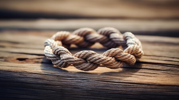 Vue rapprochée d'un bracelet de corde nouée contre une surface en bois altérée avec un focus doux sur les détails complexes des fibres.