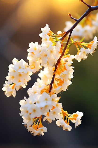 Photo vue rapprochée d'une branche de cerisier avec des fleurs blanches et jaunes