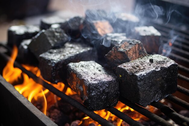 Vue rapprochée des briquettes de charbon d'arbre en train de s'enflammer dans le bbq