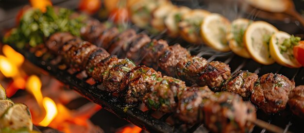 Vue rapprochée d'une brochette de kebab sur le gril