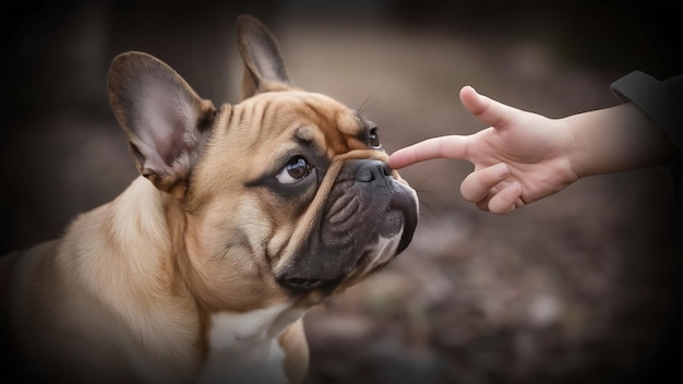 Photo vue rapprochée d'un bulldog français en train de regarder le doigt de l'enfant