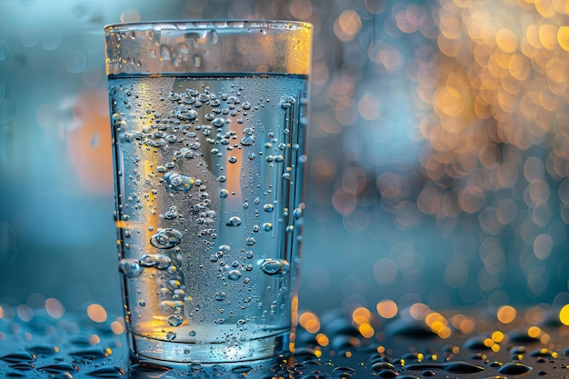 Photo vue rapprochée des bulles d'eau gazeuse dans le verre contre un fond bokeh