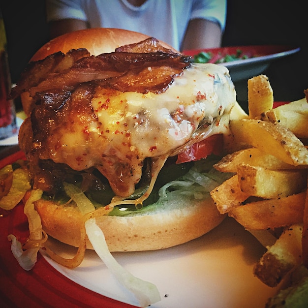Photo vue rapprochée d'un burger et de frites dans une assiette