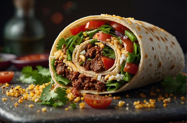 Vue rapprochée d'un burrito avec un peu de viande fraîchement hachée