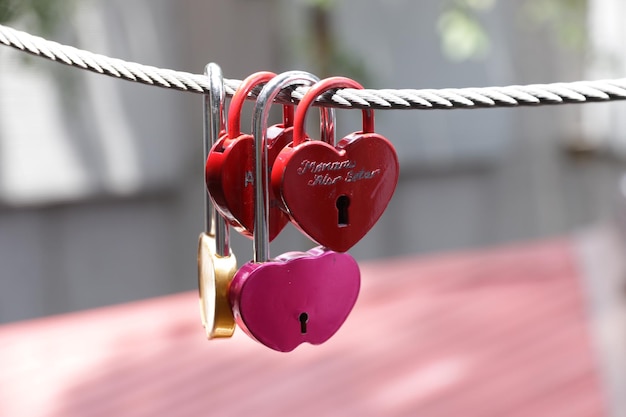 Photo vue rapprochée des cadenas en forme de cœur accrochés à une corde