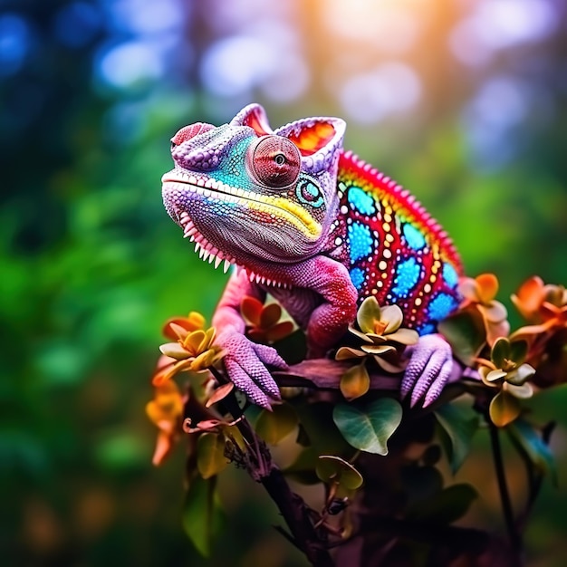 Vue rapprochée d'un caméléon coloré sur une branche générative d'IA