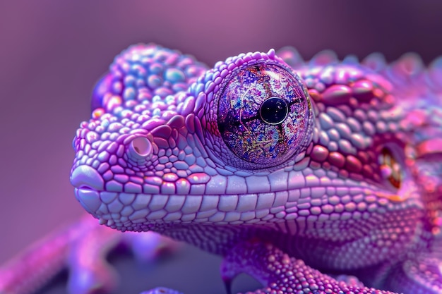 Vue rapprochée d'un caméléon coloré dans des tons violets vifs avec des motifs de peau complexes et captivants