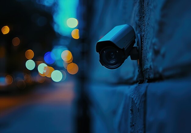 Vue rapprochée d'une caméra de sécurité montée sur un mur éclairé par la lueur éthérée des lumières de la ville la nuit.