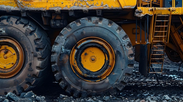 Vue rapprochée d'un camion minier jaune39s roues robustes et composants mécaniques complexes