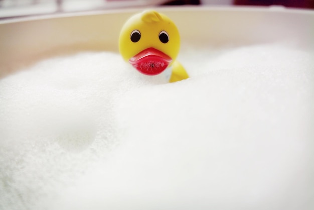 Vue rapprochée d'un canard en caoutchouc flottant dans une baignoire