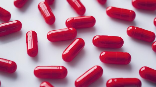 Photo vue rapprochée des capsules rouges sur fond blanc