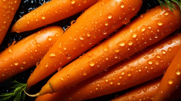 Vue rapprochée des carottes d'orange avec des gouttes d'eau