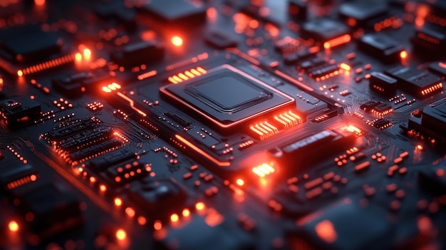 Vue rapprochée d'une carte de circuit futuriste avec des composants lumineux