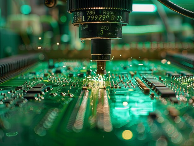 Photo vue rapprochée d'une carte de circuit imprimée d'ordinateur verte coupée par une machine avec un schéma de couleur verte