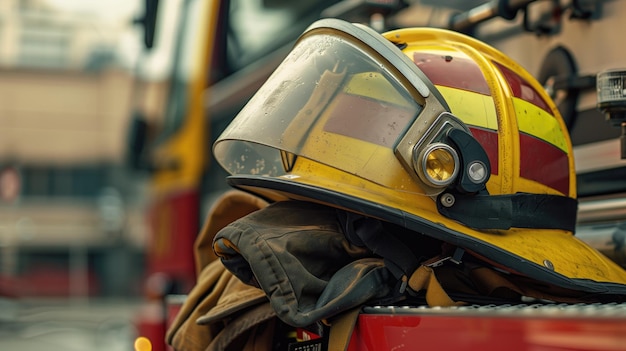 Vue rapprochée d'un casque jaune de pompier avec visor et phare placé sur des gants