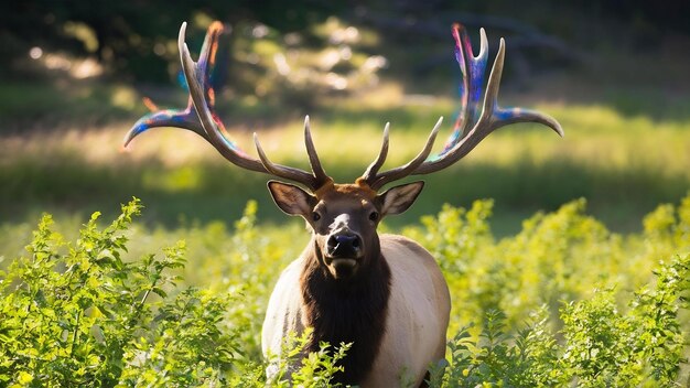 Vue rapprochée d'un cerf entouré de verdure dans un champ sous la lumière du soleil avec un flou