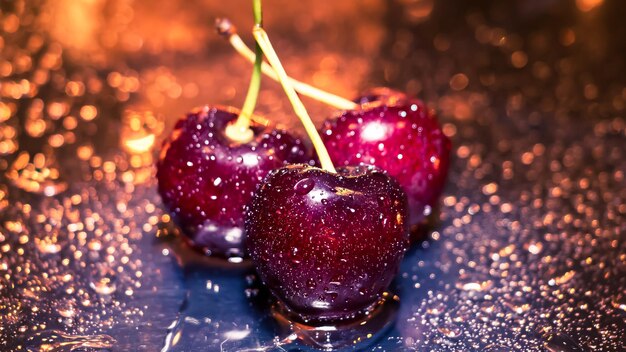 Vue rapprochée de cerises rouges et fraîches sur un fond noir