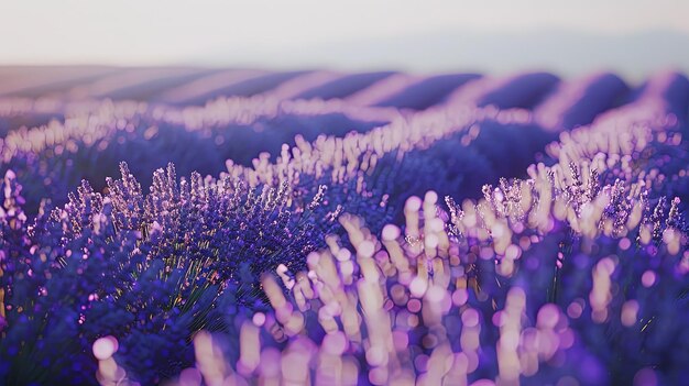Photo vue rapprochée d'un champ de lavande en fleurs avec des rangées de fleurs violettes parfumées s'étendant jusqu'à l'horizon sous un ciel sans nuages