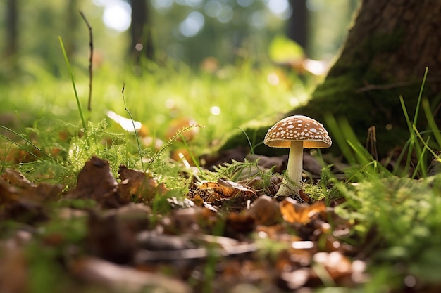 Vue rapprochée d'un champignon dans un champ de trèfle dans les bois