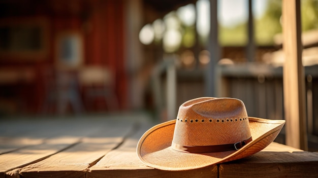 Vue rapprochée d'un chapeau de cow-boy sur le porche d'un ranch