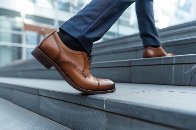 Photo vue rapprochée des chaussures d'un homme d'affaires alors qu'il monte un escalier développement de carrière et stratégie