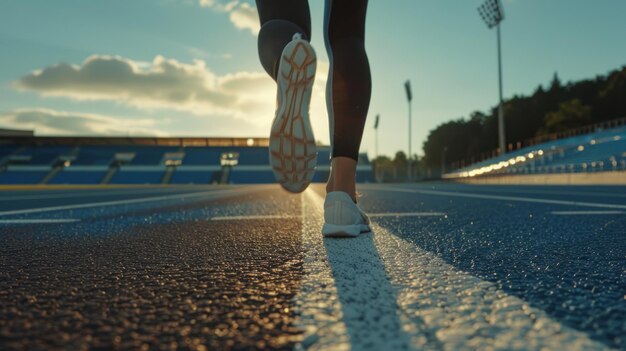 Vue rapprochée de chaussures de sport sur un tapis roulant dans un stade par une journée ensoleillée symbolisant le jogging quotidien