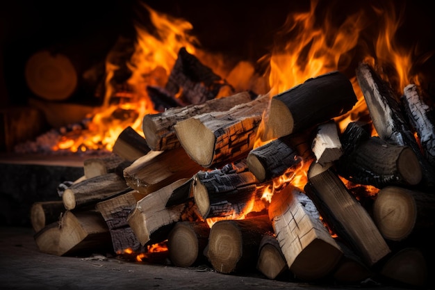 Vue rapprochée d'une cheminée rustique confortable avec du bois de chauffage chaud et une ambiance accueillante pour la relaxation