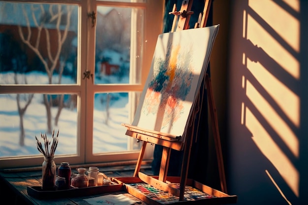 Vue rapprochée d'un chevalet avec des peintures près de la fenêtre et le soleil brille Generative AI