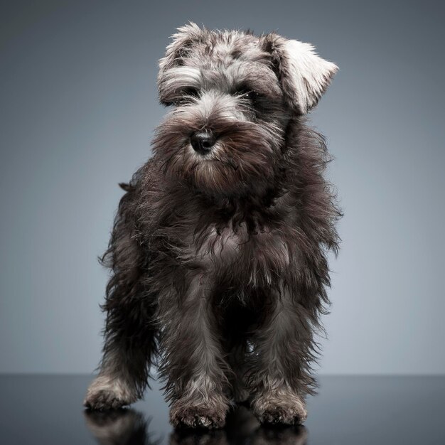 Photo vue rapprochée d'un chien poilu sur un fond gris