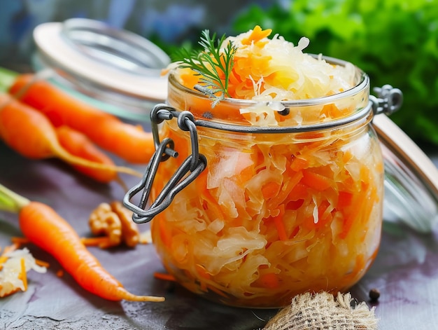Une vue rapprochée de la choucroute et des carottes dans le pot