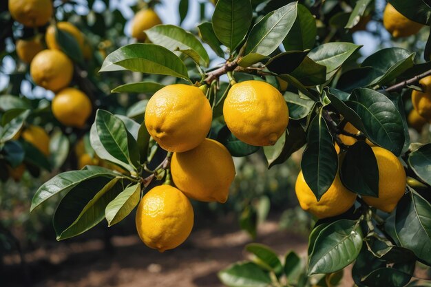 Vue rapprochée de citrons mûrs accrochés aux branches d'un citronnier