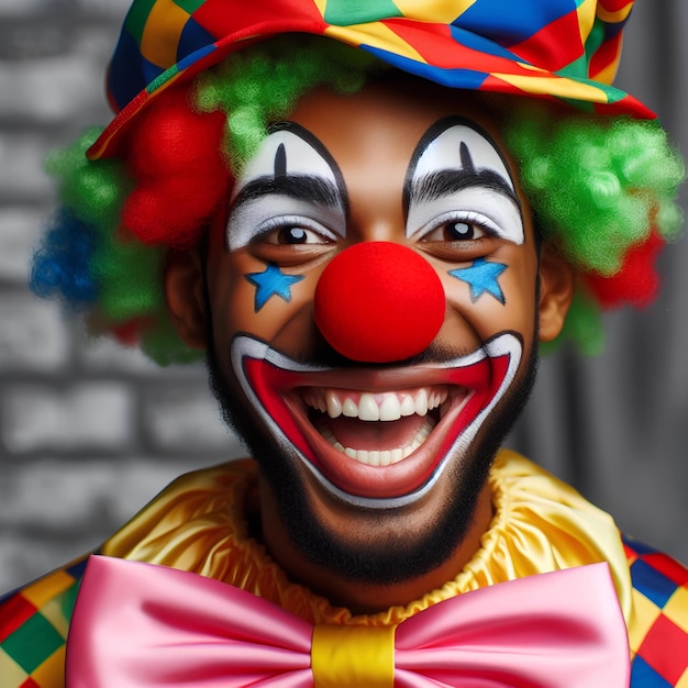 Photo vue rapprochée d'un clown riant avec une perruque colorée