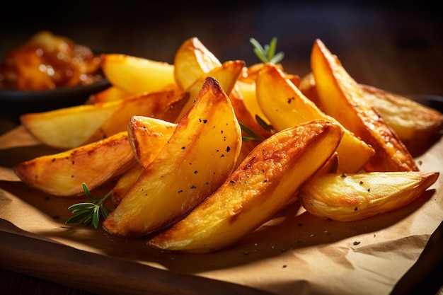 Vue rapprochée des coins de pommes de terre aux bords croustillants et au centre doux