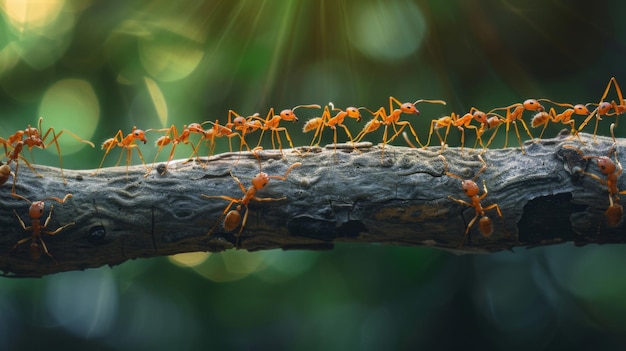 Vue rapprochée d'une colonie de fourmis marchant à l'unisson le long d'une branche, montrant le travail d'équipe et la coopération